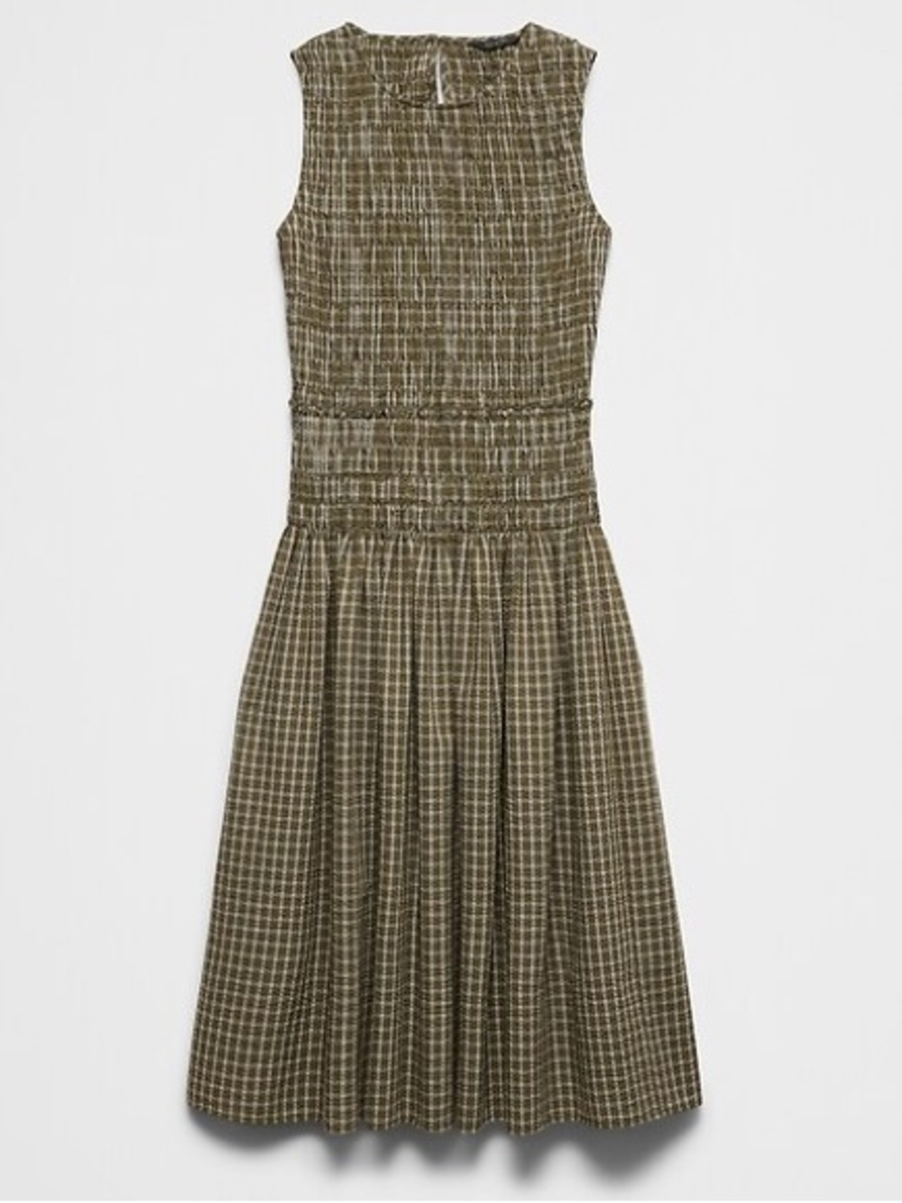 Banana Republic Smocked Seersucker Midi Dress Olive Plaid Petite S EUC - Picture 2 of 9
